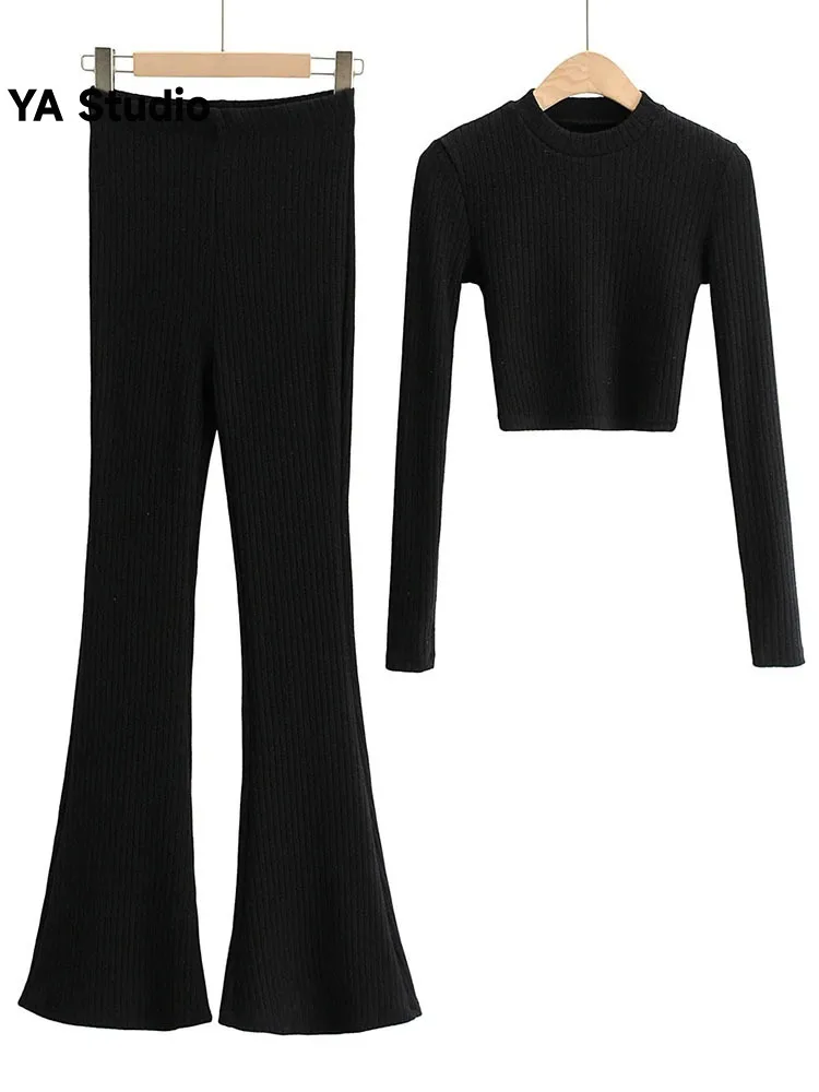 

[YA Studio] Elegant Knitted Flare Pants Two Piece Suit New Round Neck Long Sleeve Fit Women Fashion Tide Spring 2023