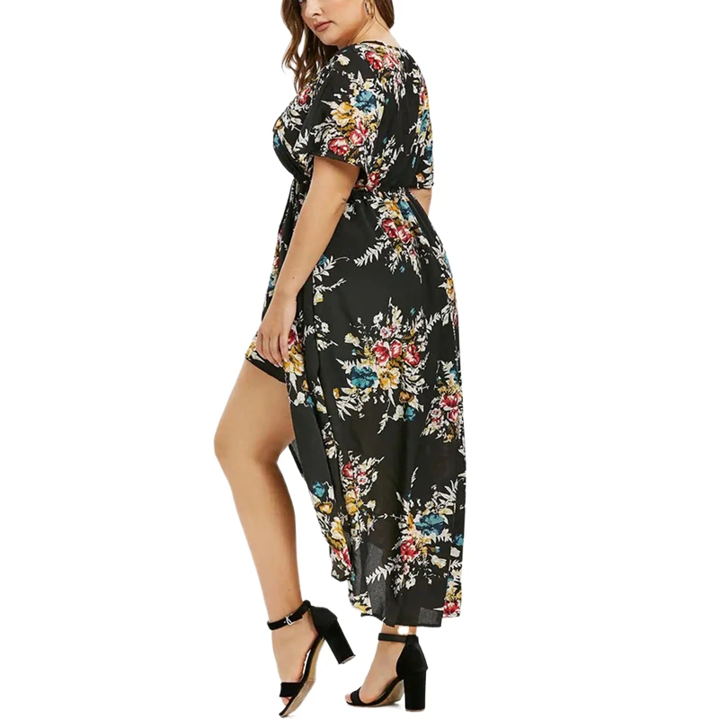 Plus Size Summer Floral Print Long Dresses Women Wrap V Neck Irregular Hem Maxi Dresses Loose Casual Beach Vestidos Dresses