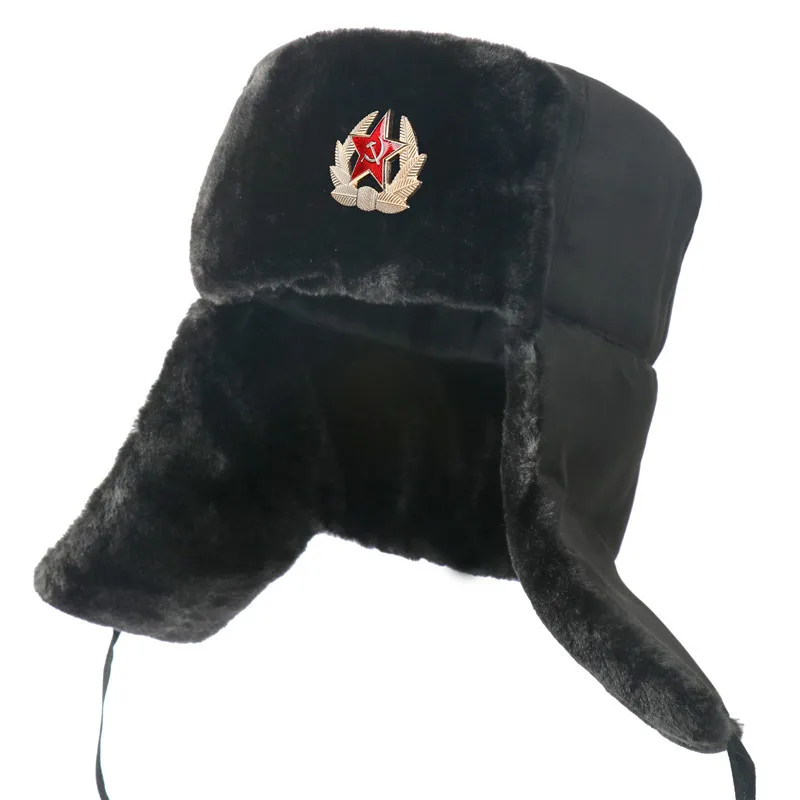 

Men's Winter Soviet Badge Lei Feng Hats Russian Ushanka Hat Outdoor Warm Thicken Faux Rabbit Fur Windproof Snow Caps
