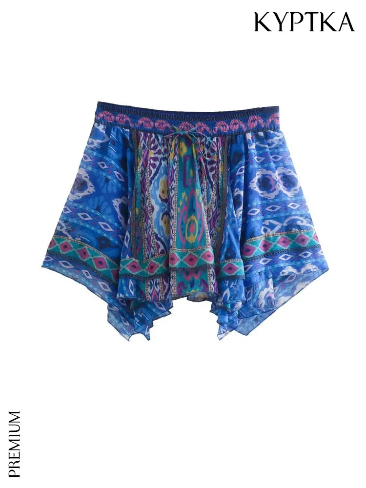 

KYPTKA Women Fashion Asymmetric Printed Mini Skirt Vintage High Elastic Waist With Drawstring Female Skirts Mujer