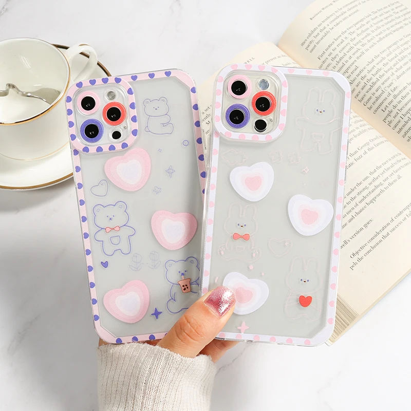 

Cute Bear Rabbit Case For Iphone 13 Pro Max Coque Iphone 11 12 7 8 Plus X Xs SE 2020 Silicon Fundas Soft TPU Transparent Covers