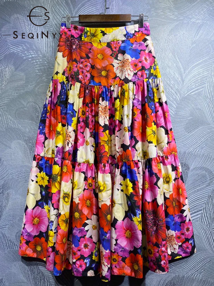 SEQINYY 100% Cotton Skirt Summer Spring New Fashion Design Women Runway High Quality Vintage Colorful Flowers Print Holiday