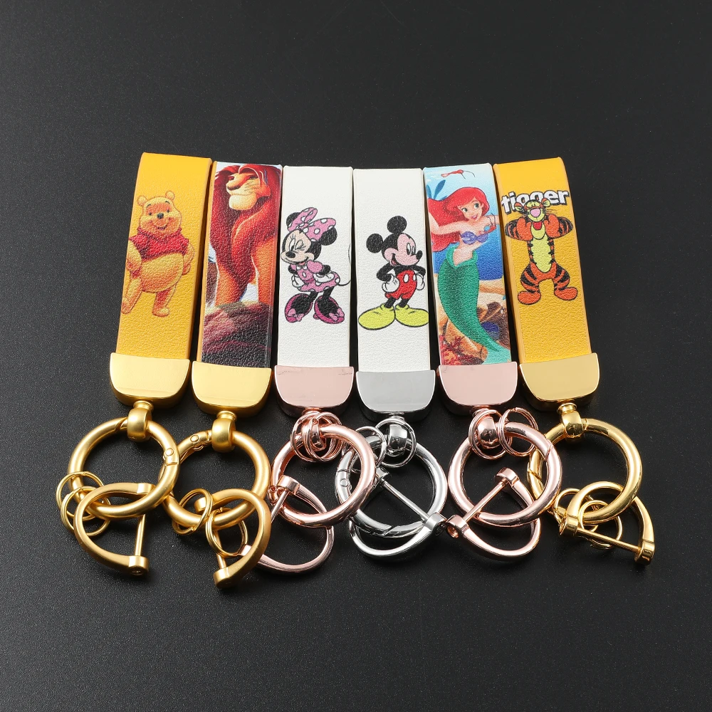 

Mickey and Minnie Mouse Keychains Wholesale Fashion Real Leather Rope Key Chains Disney Winnie the Pooh Car Key Holder Keyring