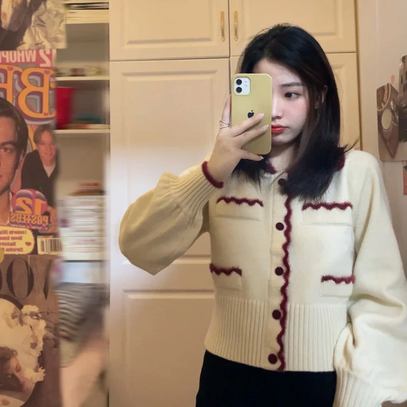 

WDMSNA Autumn 2022 Long Sleeve Knitted Cardigan Retro Japanese Style Single Breasted Womens Sweater Turn-down Collar Cardigans