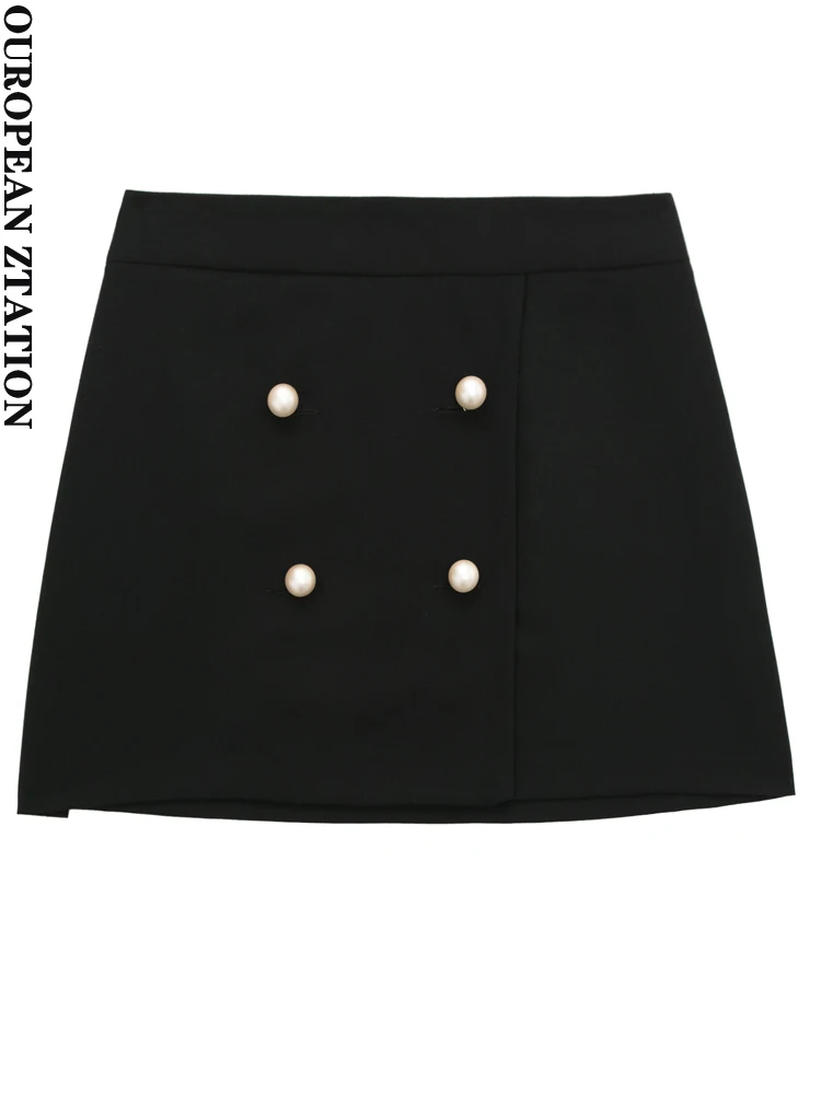 

PAILETE Women 2022 fashion faux pearl bead buttons mini skirt vintage high waist invisible zipper frayed hem female skirts mujer