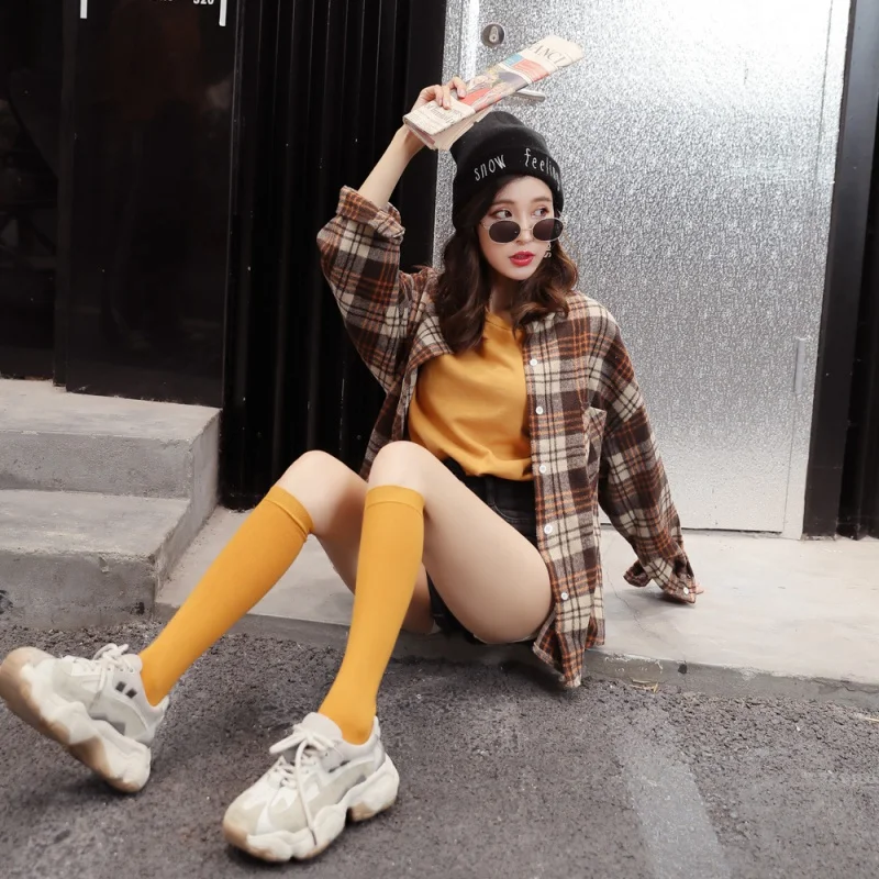 Women's Cotton Thigh High Socks Knee Length Socks Bunching Socks Cotton Middle Tube Calf Socks Long Women's Socks Solid Color Th