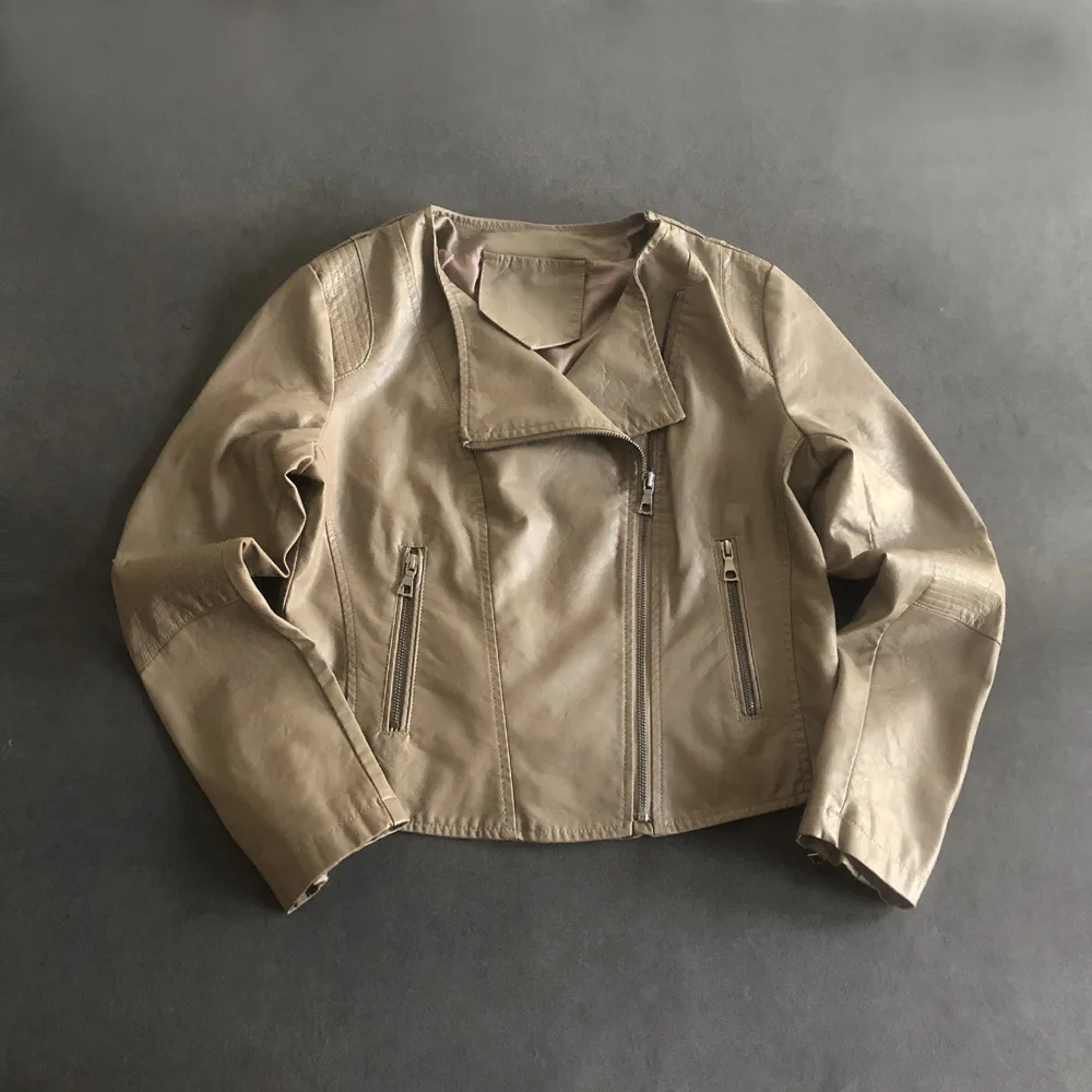 2023 autumn new collarless motorcycle suit short slim small leather simple leisure coat