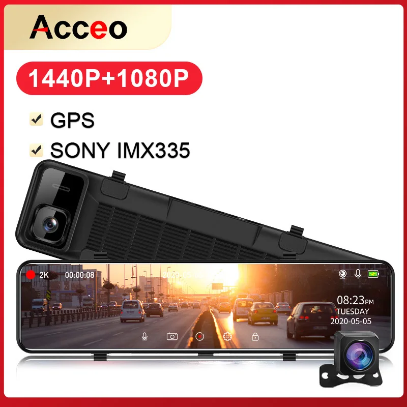 

Acceo A45 2K Car Mirror Dvr 12 Inch Rear view Mirror 1440P Dash Camera Dual lens Video Recorder Night Vision Registrar Dvrs