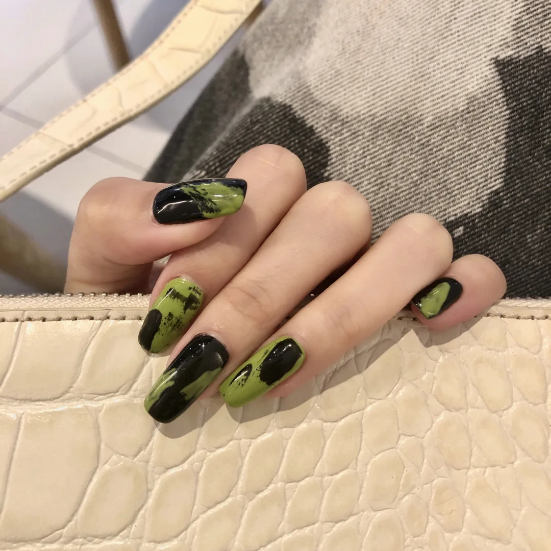 Nail Stickers Black And Green Future Art Graffiti Finished Fake Nail Pieces Nail Patch Waterproof Removable