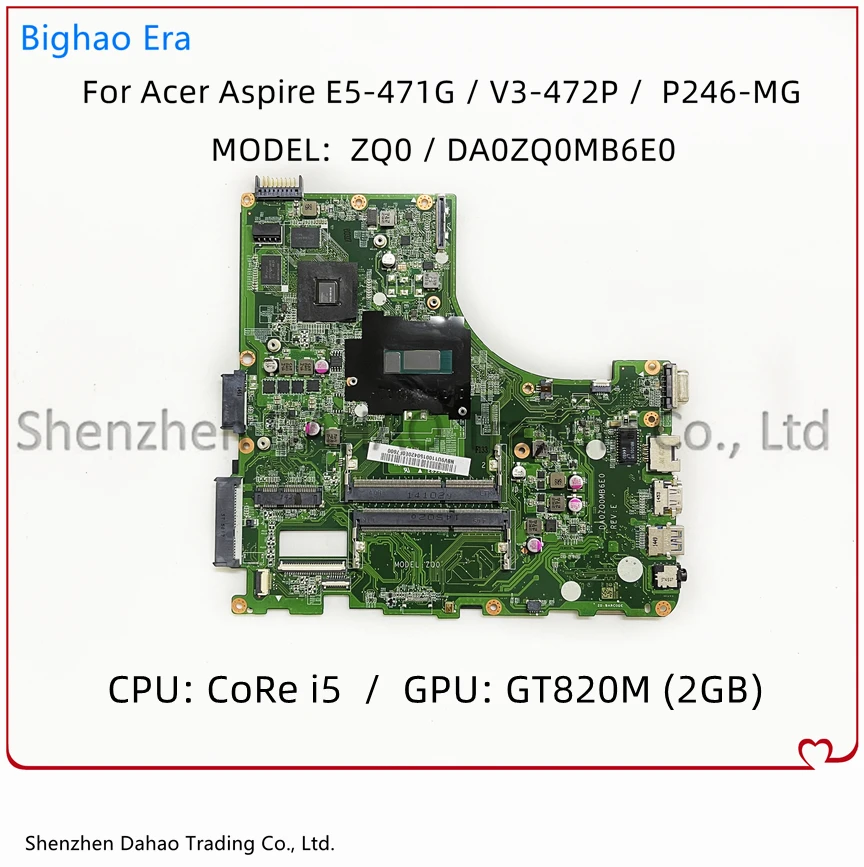

DA0ZQ0MB6E0 для Acer V3-472P P246-MG E5-471G E5-471 материнская плата для ноутбука с процессором Intel CoRe i5 GT820M 2GB-GPU 100% полностью протестирована