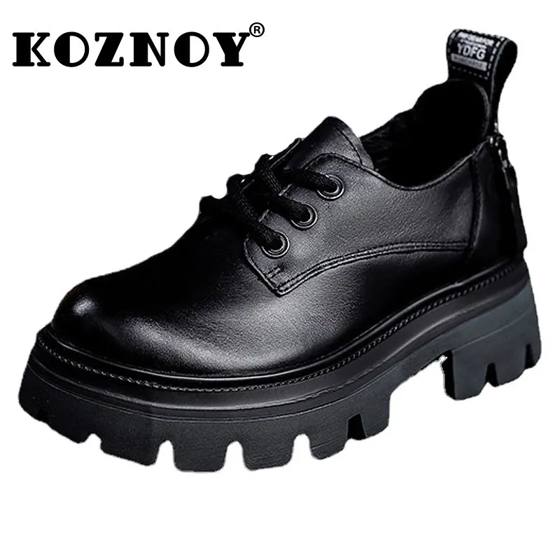 

Koznoy Moccasin Woman 6cm Retro Genuine Leather Platform Sneakers Female Lace Up Autumn Spring Casual Block Heels Zipper Shoes