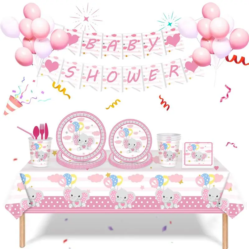 

New pink blue baby elephant theme party Children's birthday party Decorative tableware plate paper cup tablecloth paper towel