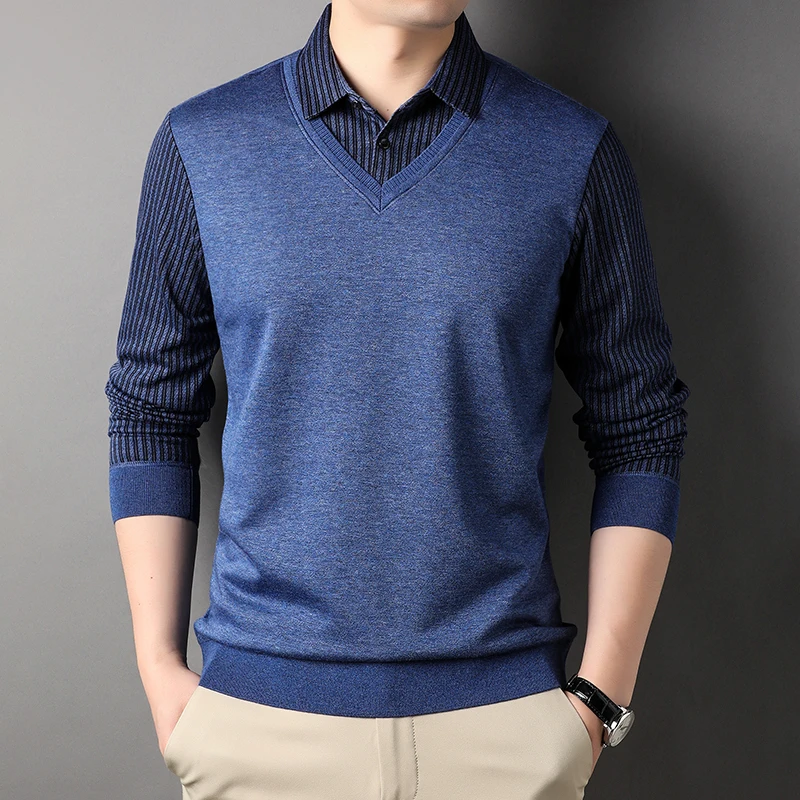 

Футболка мужская с лацканами, Двухкомпонентная, с длинным рукавом, в полоску, в британском стиле, модная деловая одежда, осень