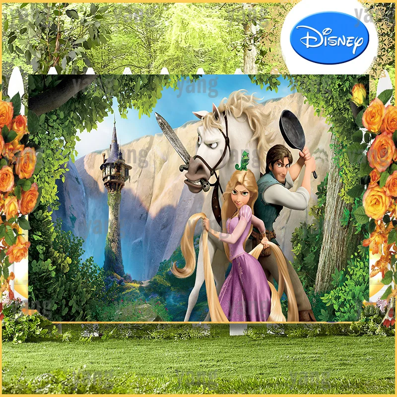 Cartoon Disney Tangled Rapunzel Photo Backdrop Kids Shower Princess Baby Birthday Party Girls Photograph Background Banner