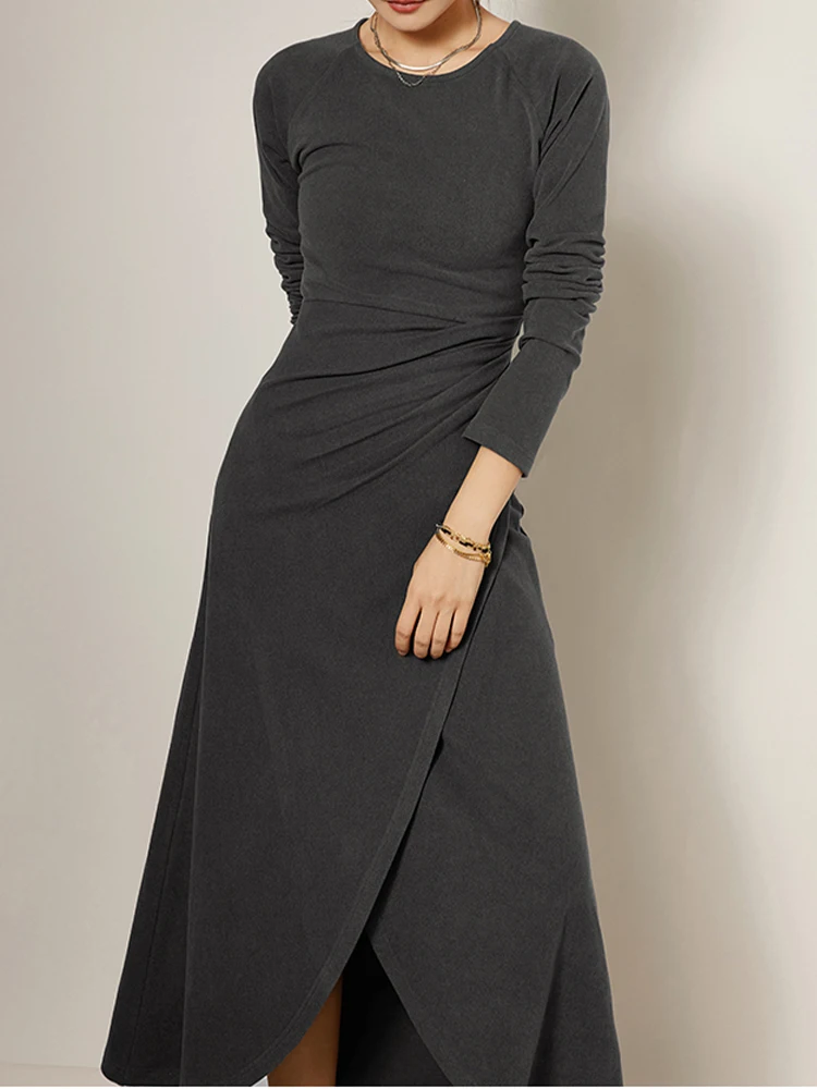 

Casual Slim Pleated Irregular Round Neck Long Sleeve Dress 2022 Autumn New Fashion Women'S Clothing