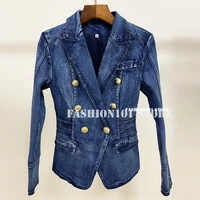 luxury design 22 spring branded coats double breasted gold lion buttons blue denim slim fit jackets women blazers woman jacket