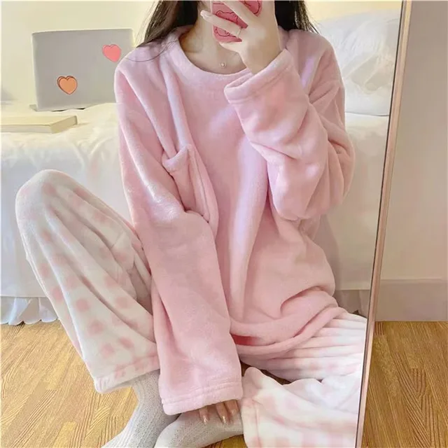 Senhoras pijamas de flanela de inverno feminino conjunto de pijamas de lã sleepwear grosso quente veludo feminino homewear terno bonito doce pijamas 5