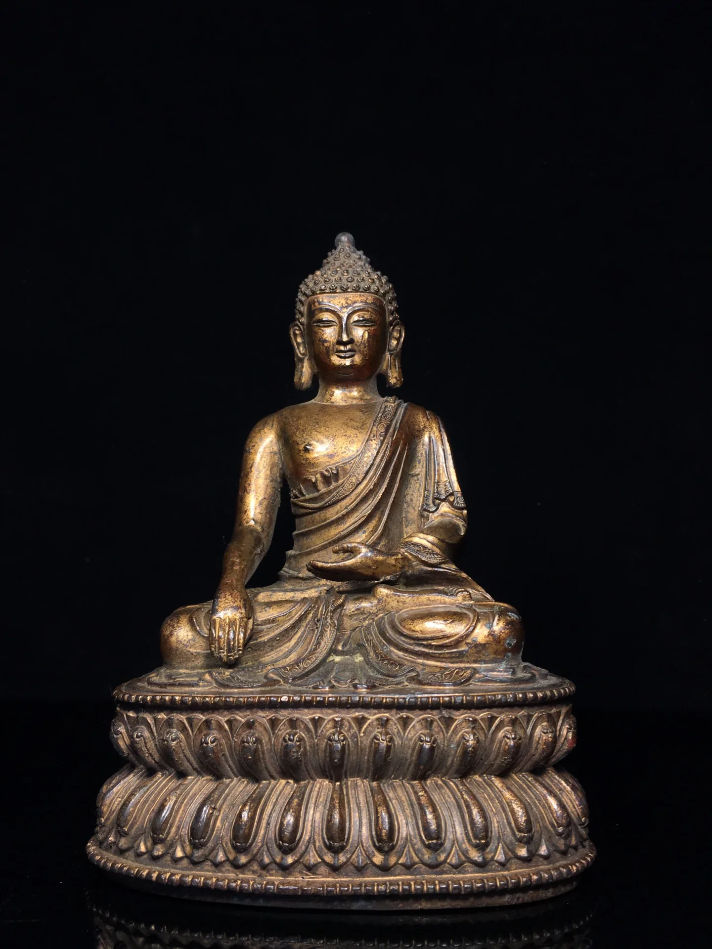 

10"Tibet Temple Collection Old Bronze Gilded Cinnabar Mud gold Shakyamuni Amitabha Lotus Terrace Sitting Buddha Worship Hall