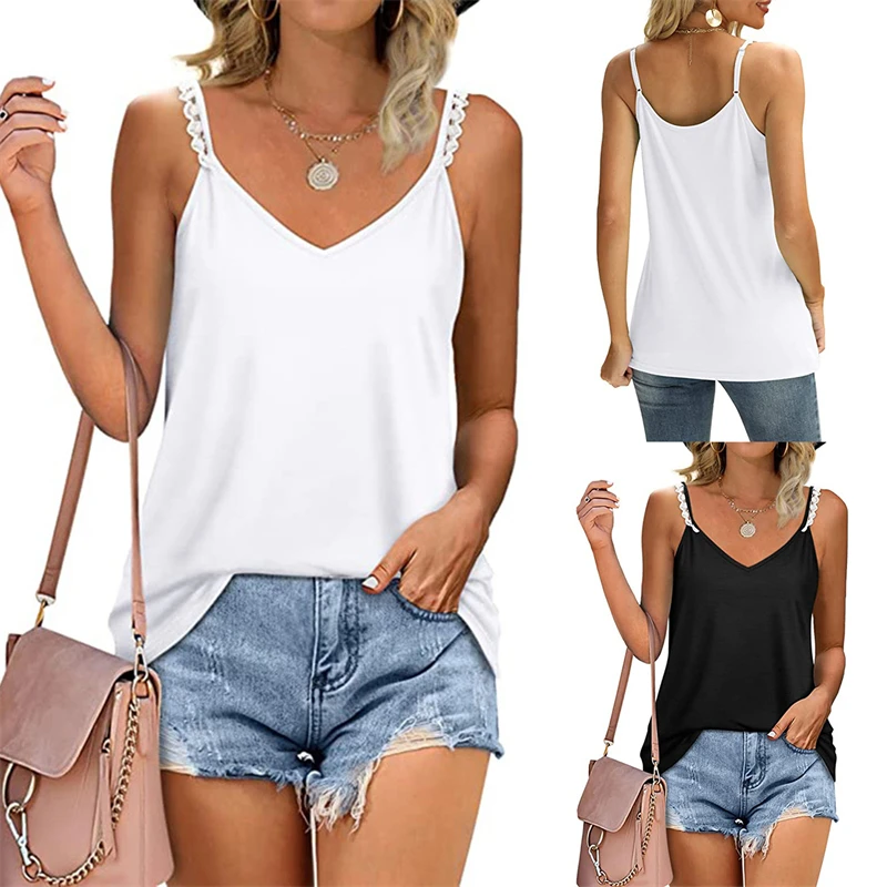 

Fashion Women Tank Tops Sexy Vest Solid Lace V-Neck Camisole Loose Casual T-Shirt Women Female Off Shoulder Sleeveless Clothing