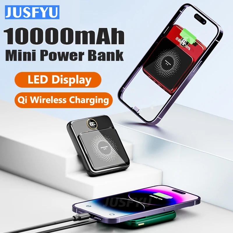

10000mAh Wireless Power Bank Built in Cable Portable Fast Charging Powerbank for iPhone 14 X Samsung S22 Huawei Xiaomi Poverbank