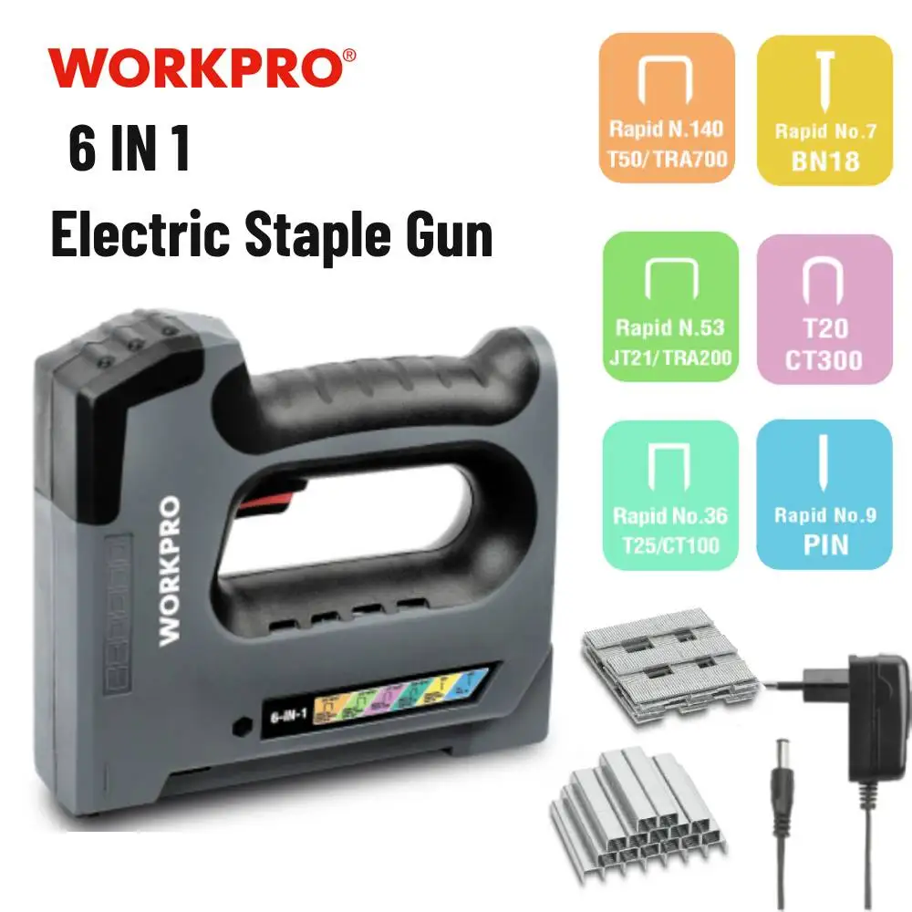 WORKPRO 3.6V 6 In1 Electric Stapler Lithium-ion Cordless Heavy Duty Staple Gun Nail Gun For House Decor Renovations Upholstery