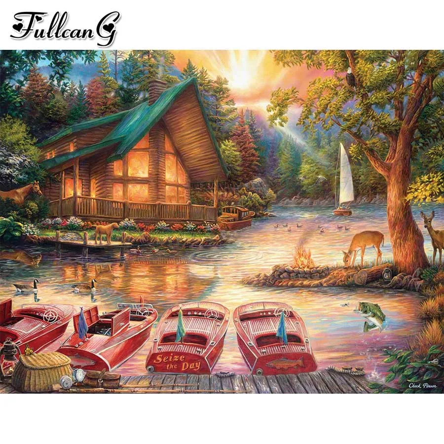 

seaside house 5d DIY diamond painting cross stitch lake full mosaic embroidery kits needlework garden scenery home decor JX3336