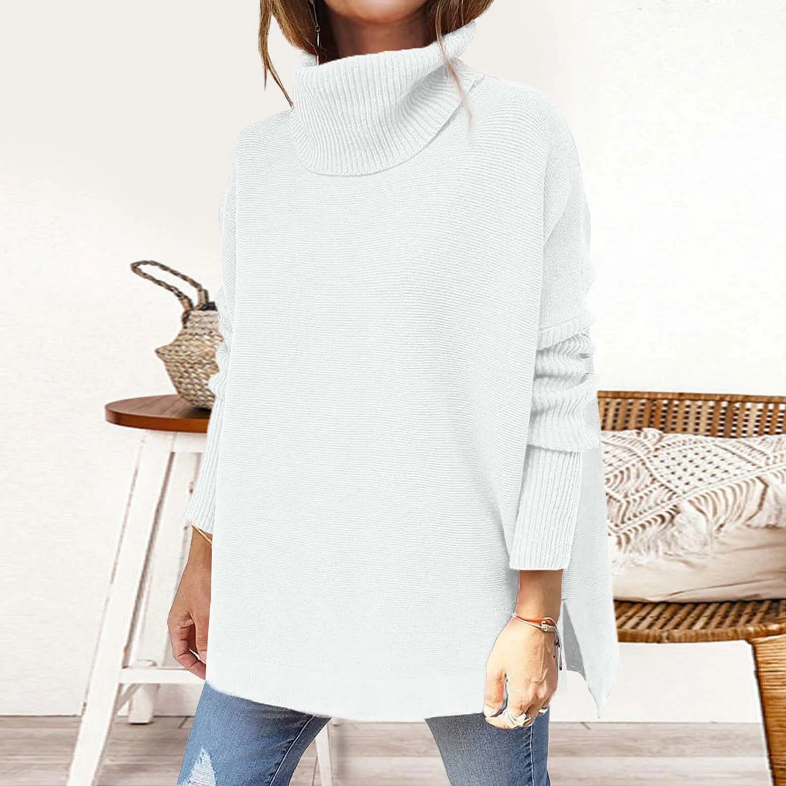 Womens Sweaters Turtleneck Batwing Sleeve Loose Fuzzy Slides for Girls Boyfriend Sweaters for Women Pullover House with