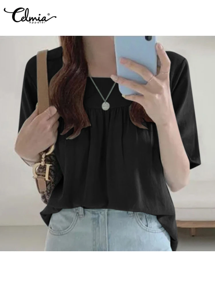 

Fashion Cotton Breathable Tops Celmia Elegant Square Collar Blusas Women Short Sleeve Blouses Summer Female Sweet Pleats Chemise
