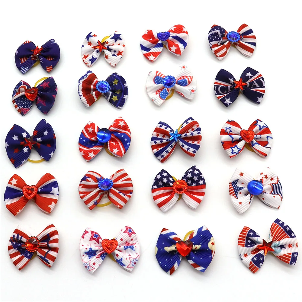 

50/100 Pcs Dogs Pets Accessories Dog Grooming Bows 4th of July Dog Hair Bows Rubber Bands Independence Day Dog Hair Grooming