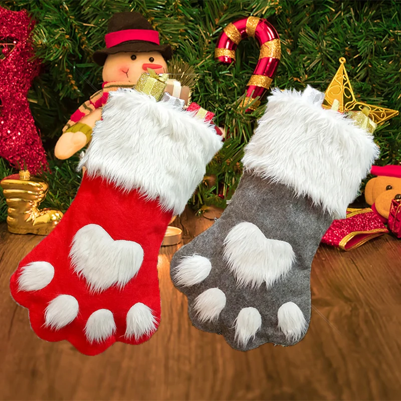 Christmas Dog Cat Paw Stockings Socks Xmas Gift Bag Christmas Apple Bag Fireplace Tree Christmas Decorations for Home Kids Gift