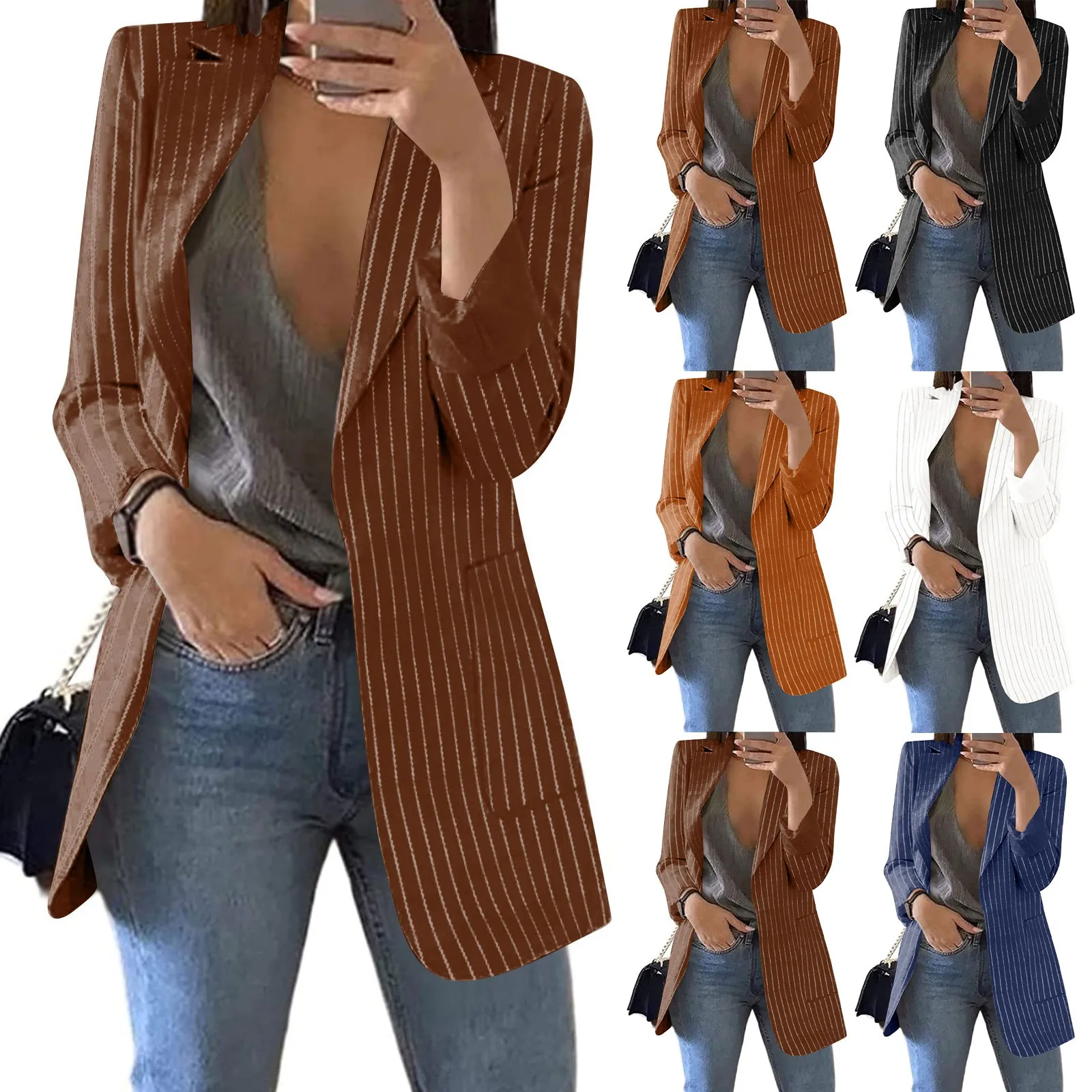 

Women Stripe Open Front Pockets Cardigan Formal Suit Long Sleeve Blouse Coat Women'S Winter Coats куртка женская 2022 New