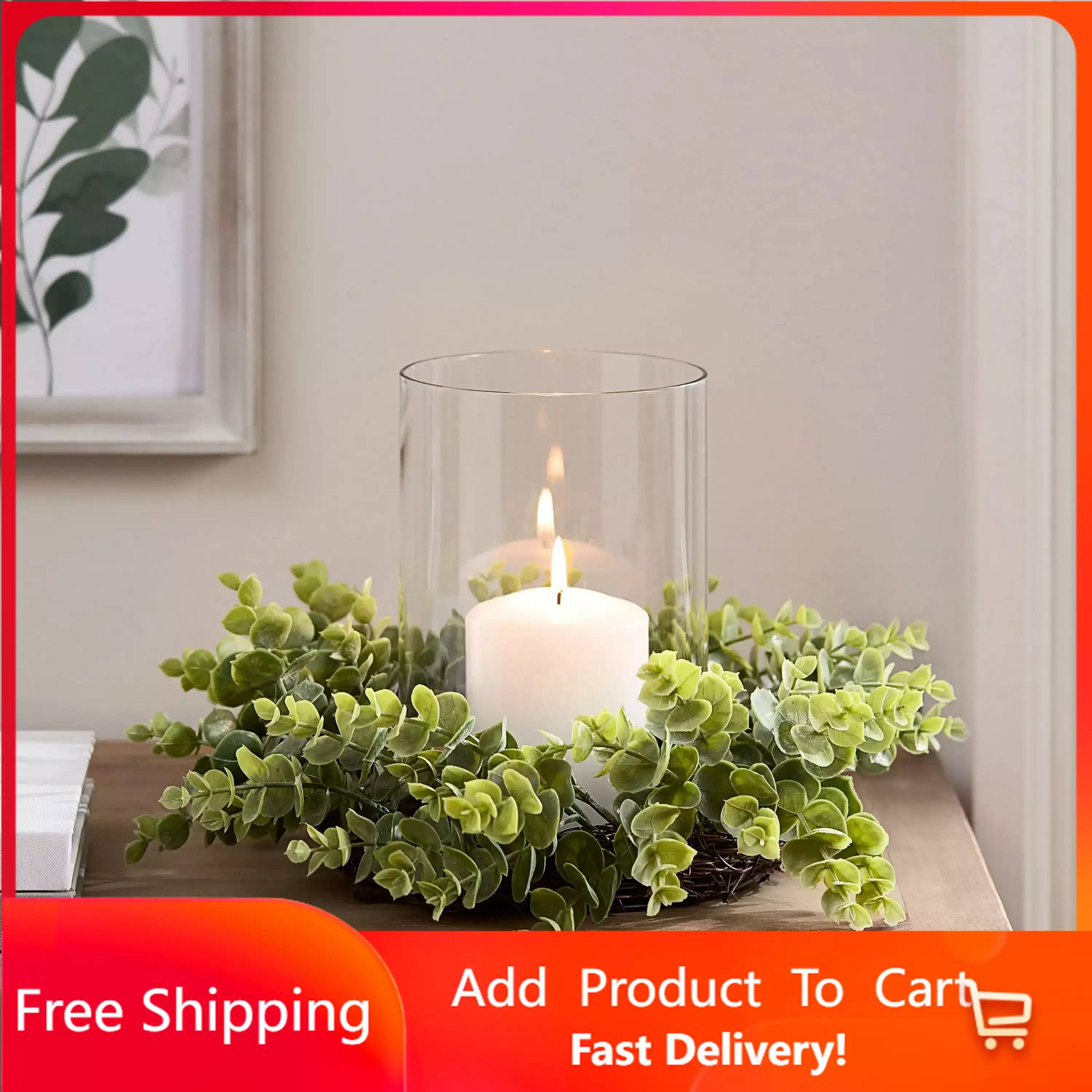 

Glass Hurricane Candleholder with Green Faux Eucalyptus and Rattan Ring