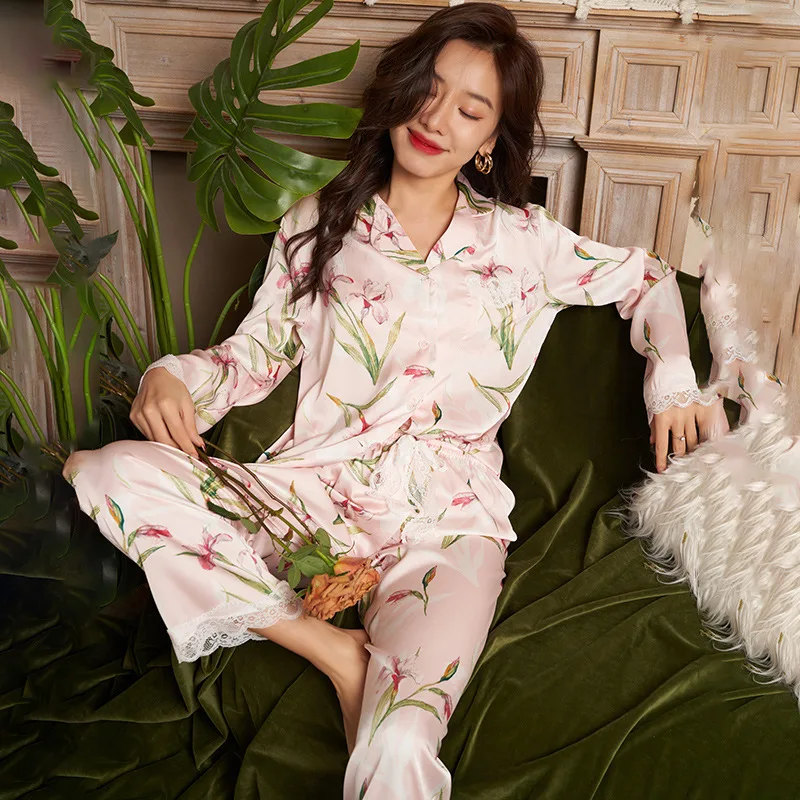 Ice Silk Pajamas Women's Spring Summer Long-Sleeve Suit Sexy Lace Artificial Silk plus Size Homewear