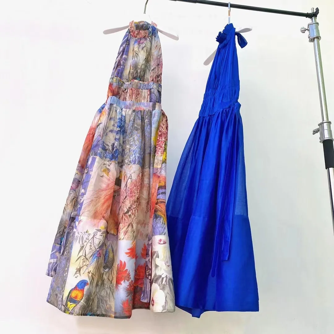 

Halter Neck Open Back Dress Women Sexy Holiday Style High Waist Large Swing Silk Linen 2 Color Printing 2022 Summer New