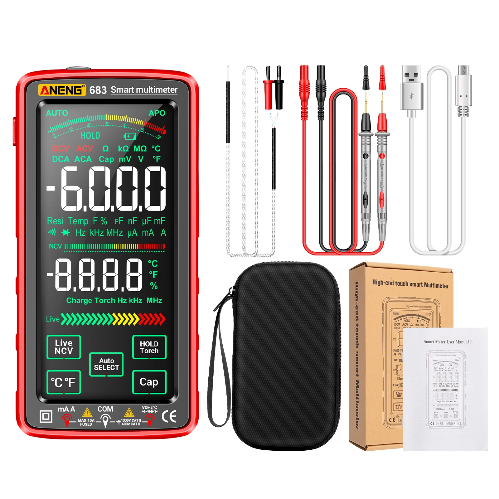 

ANENG 683 Smart Professional Digital Multimeter 6000 Counts True Rms Automotive Electric Capacitor Voltage Current Tester Meter