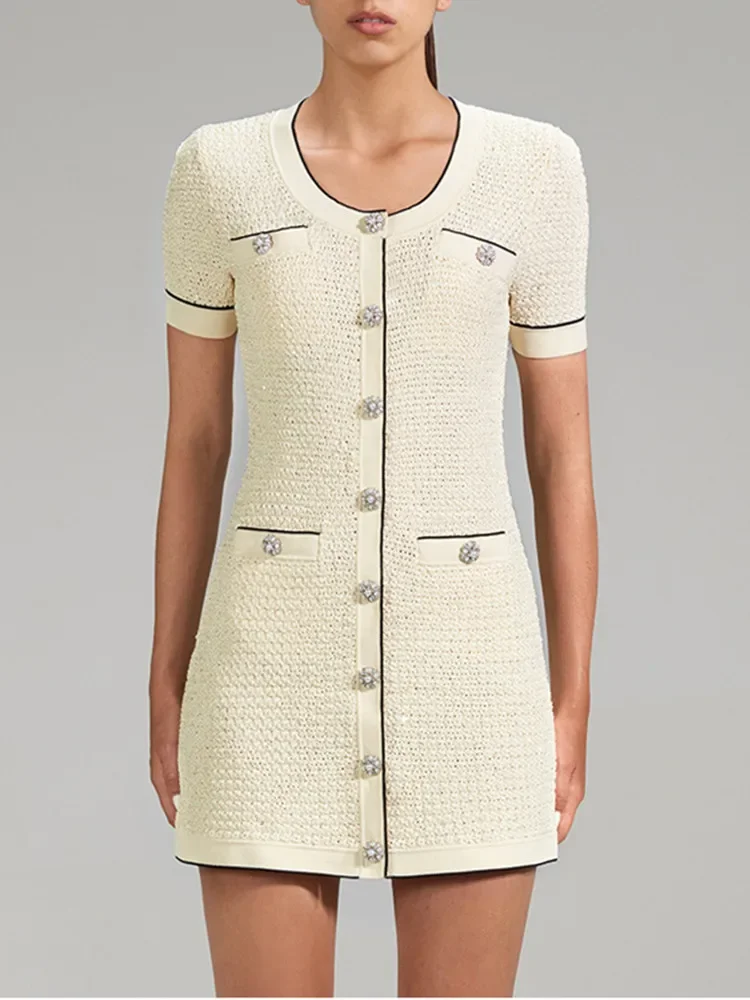 

Women's Mini Dress 2023 New Spring Summer U-Neck Single Breasted Slim Vintage Short Sleeve Robes