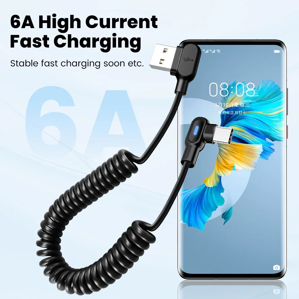 Olaf 6A USB Type C пружинный кабель Быстрая зарядка 90 ° двойной коленчатый провод для Xiaomi