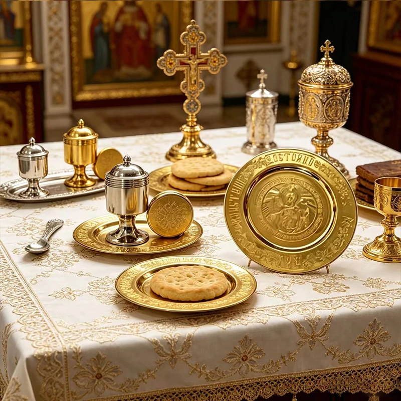 Фото Православный алтарный набор: золотая и серебряная металлическая икона, чаша для святого масла с ложкой для церковных принадлежностей, византийский религиозный подарок. №1