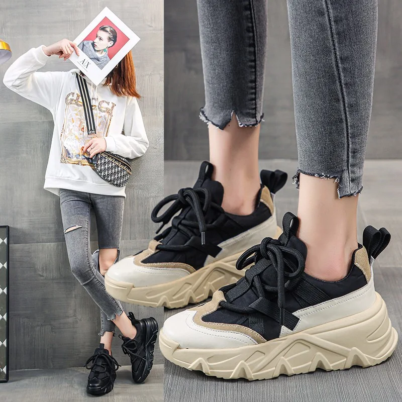 2023 new women's sports shoes vulcanized shoes thick soles fashion lace-up casual running shoes