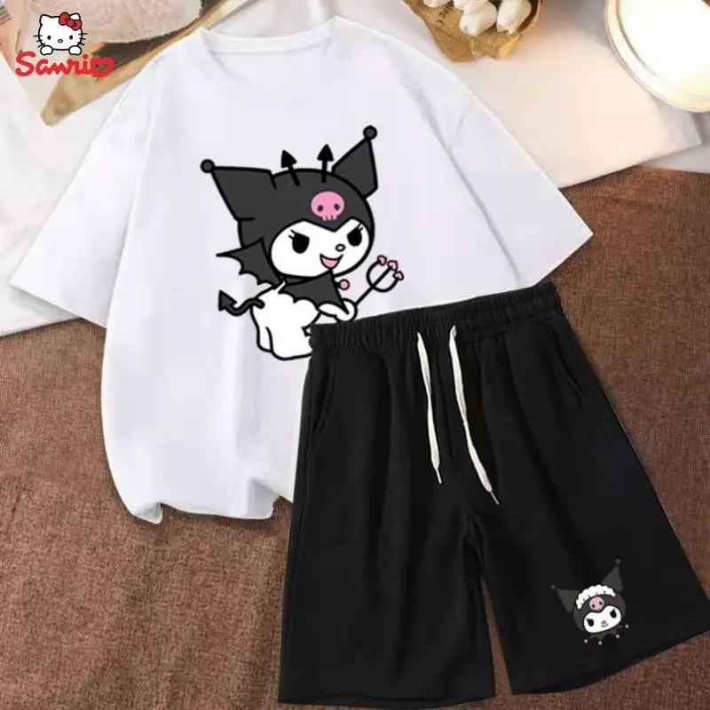 

Kawaii Sanrio Kuromi My Melody Cartoon Anime Preppy Suit Student Loose Casual Short Sleeve T-Shirt Wide Leg Short Pants Suit