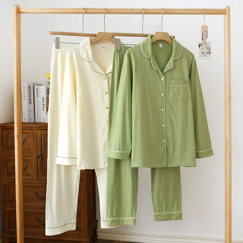2023 New Spring/Summer Pajama Set Women's 100% Cotton Knitted Solid Color Large Size Long Sleeve Pants Two Piece Home Suit