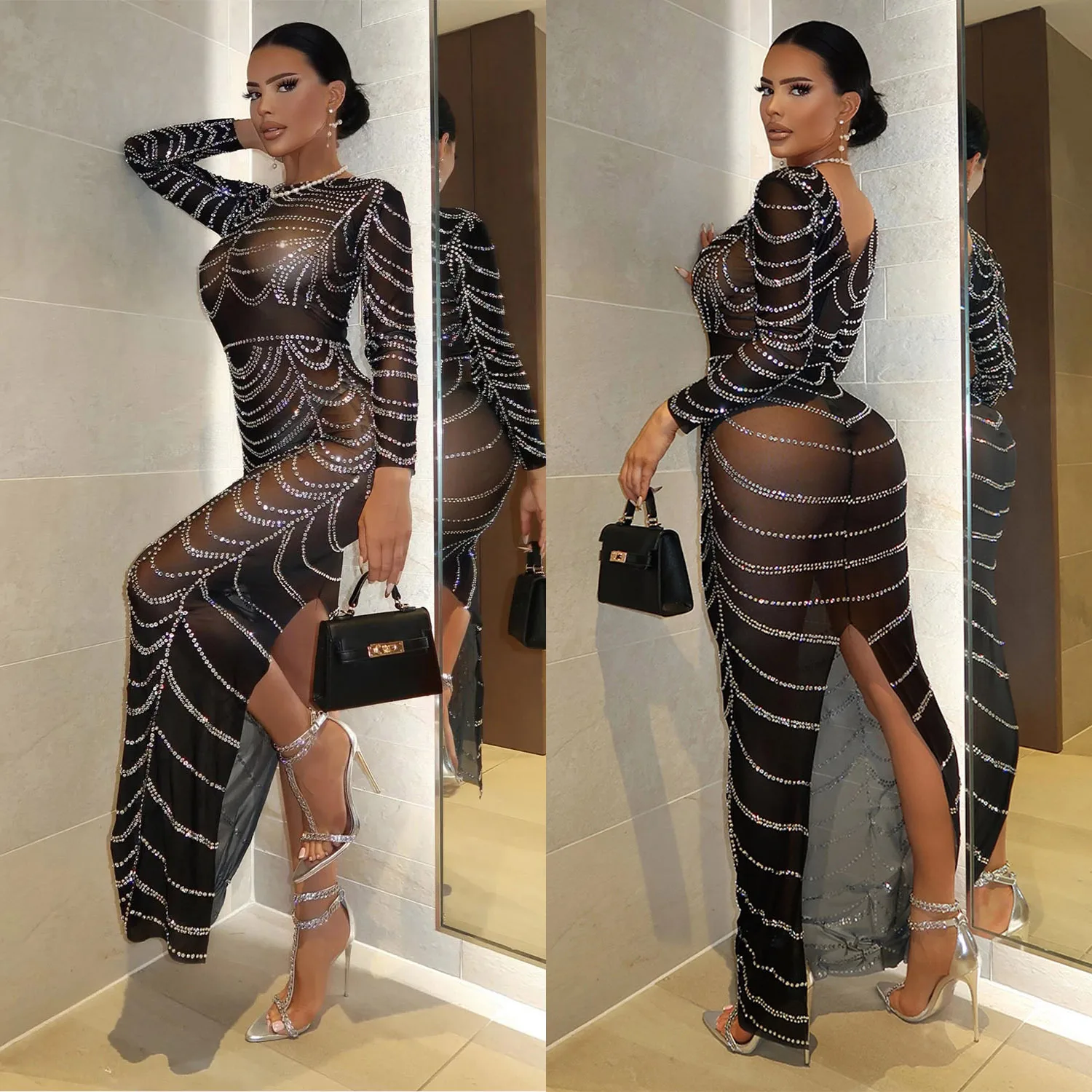 

Diamonds Hot Rhinestones Mesh See Though Long Sleeve Split Back Maxi Long Black Prom Party Dress for Women Vestidos