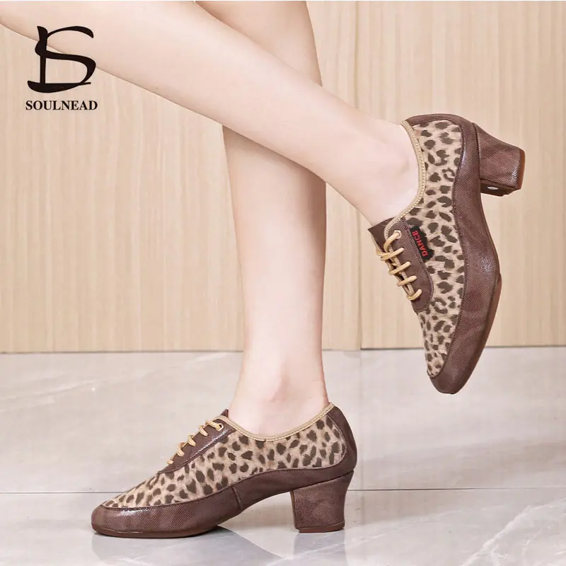 Leopard Latin Dance Shoes Women Ballroom Salsa Dancing Shoes Full Grain Leather Adult Tango Shoes Red Female Jazz Dance Sneakers