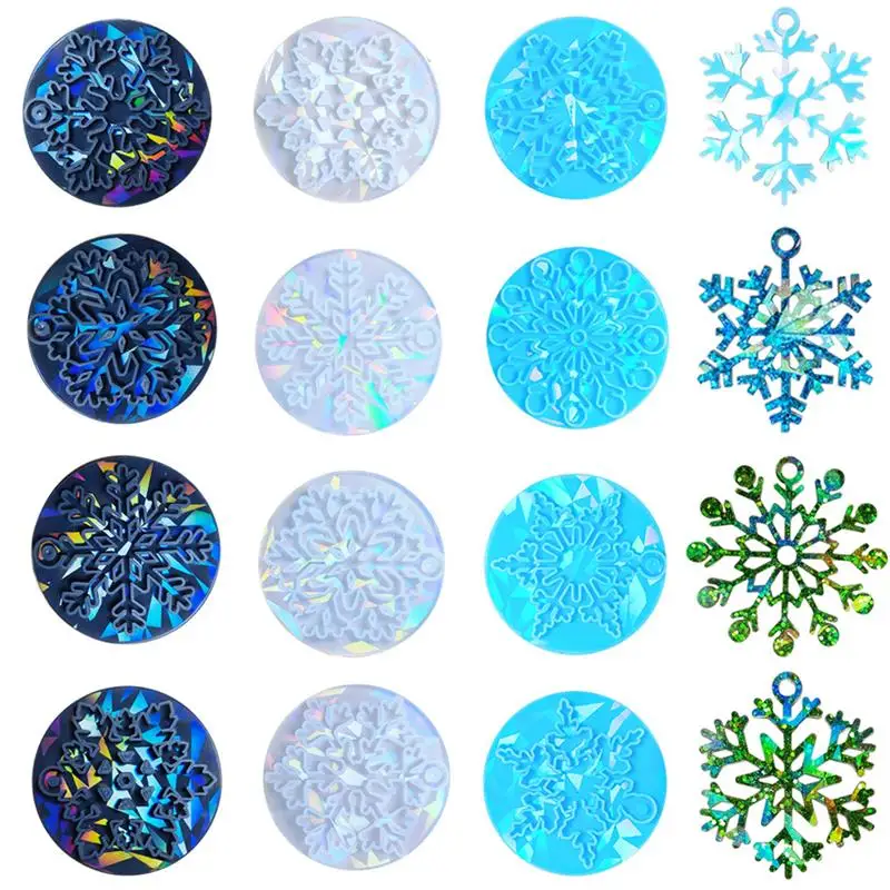 Holographic Christmas Resin Molds Round Snowflake Christmas Ornaments Molds for DIY Keychain Hanging Pendant Jewelry Decorations