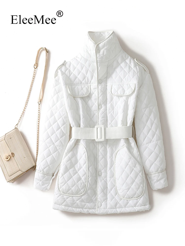 

EleeMee Size M-4XL Women Jacket 2023 New Arrival Autumn Coat Solid Color Belt Fashion Thin Down Jacket Daily Women Outwear