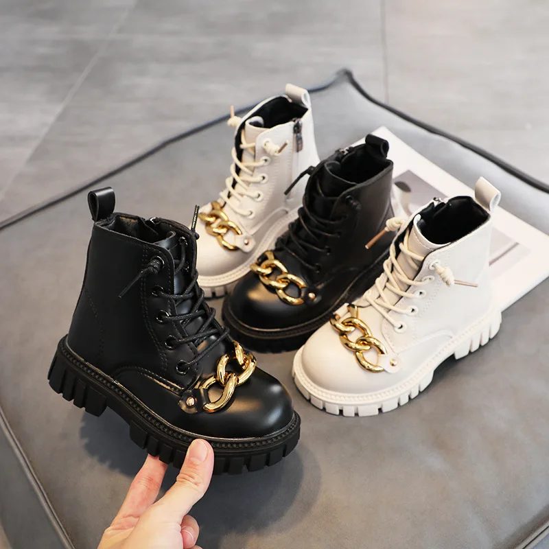 

Children's Boots 2022 Autumn and Winter Plus Velvet Cotton Martin Boots Boys and Girls Metal Chain Casual Snow Short Boots
