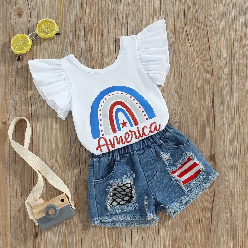 

Independence Day Kids Girls Clothes Letter Star Contrast Color Rainbow Print Romper Ripped Jeans Denim Shorts 2Pcs Set 1-6Years