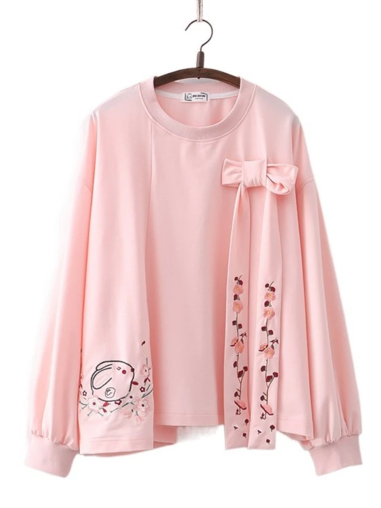 

Женская хлопковая толстовка с цветочной вышивкой, на шнуровке, осень 2023, с длинным рукавом и круглым вырезом, свободная толстовка, теплый повседневный милый пуловер