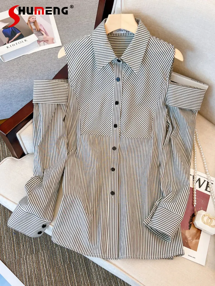 

Loose Striped Blouses for Women Fashion 2022 Autumn New Shirt Women's Long Sleeve Off-the-Shoulder Button Up Shirts for Women