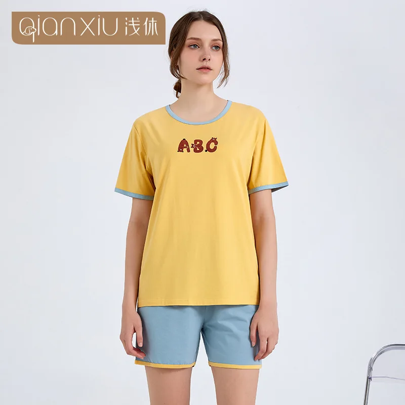 

Alphabet Bear Print Pyjamas Women Clothing Sets Summer New Pajamas For Female Contrasting Colors Cotton Pijamas Sleepwear